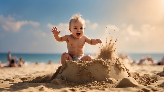赤ちゃんが海水浴場の砂浜で遊んでいる様子