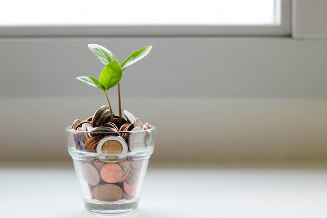 ガラスのカップに入った硬貨とその中から芽を出している植物。ADHDの方に向けた金銭管理のコツに関する記事。