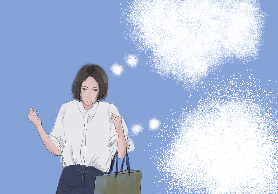 買い物袋を持ちながら空想にふける女性のイラスト。