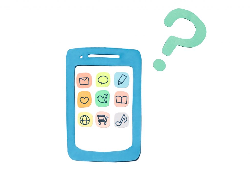 アプリのアイコンが表示されたスマートフォンと疑問符のイラスト。