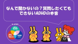 「なんで聞かないの？質問したくてもできないADHDの本音」というテキストとキャラクターのイラスト。