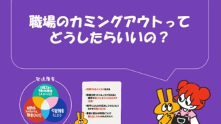 「職場でのカミングアウトってどうしたらいいの？」というテキストと発達障害に関する情報を含む図。カミングアウトの方法についてのアドバイスを提供するイメージ。