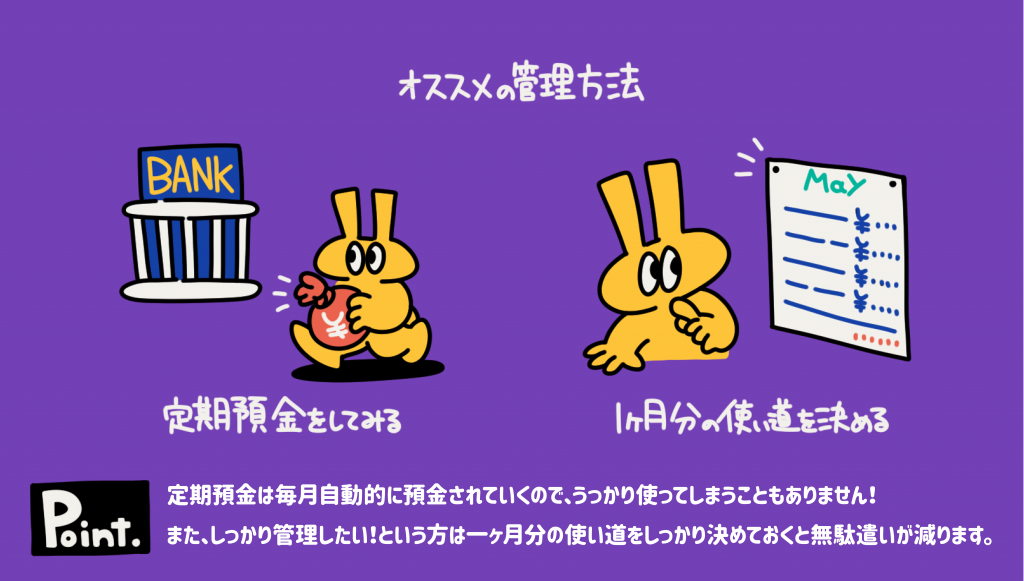 「オススメの管理方法」「定期預金をしてみる」「1ヶ月分の使い道を決める」というテキストが書かれた紫色の背景。うさぎのキャラクターが銀行や予算表と一緒に描かれている。下部には定期預金と使い道を決めることのポイントが書かれている。