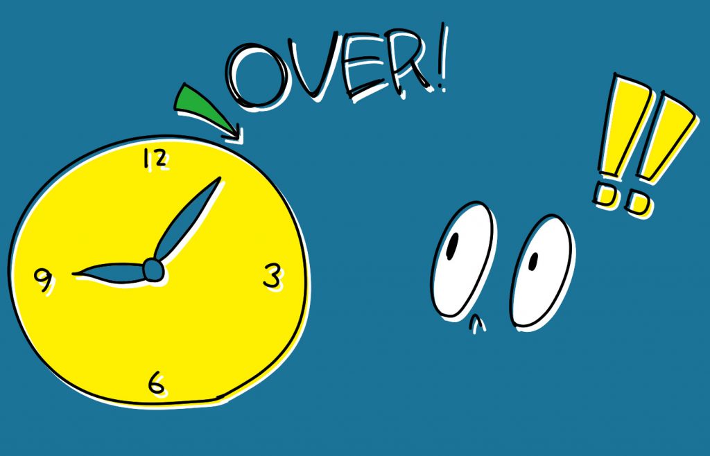 青い背景に時計と「OVER!」と書かれたテキスト、驚いた表情のキャラクターのイラスト