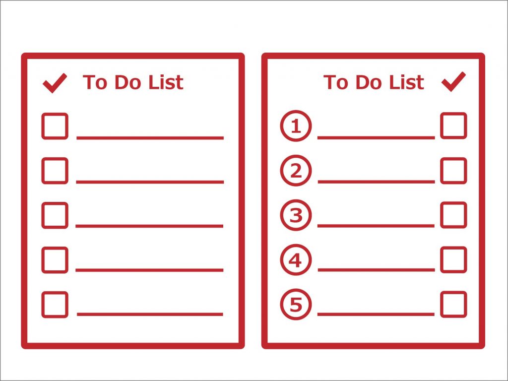 To Do リストのチェックボックスと番号が付いたリストを示すイラスト。ADHDの仕事の優先順位の混乱を象徴。