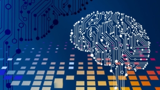 デジタル回路で構成された脳のイラスト。背景にはコンピュータの回路が描かれている。