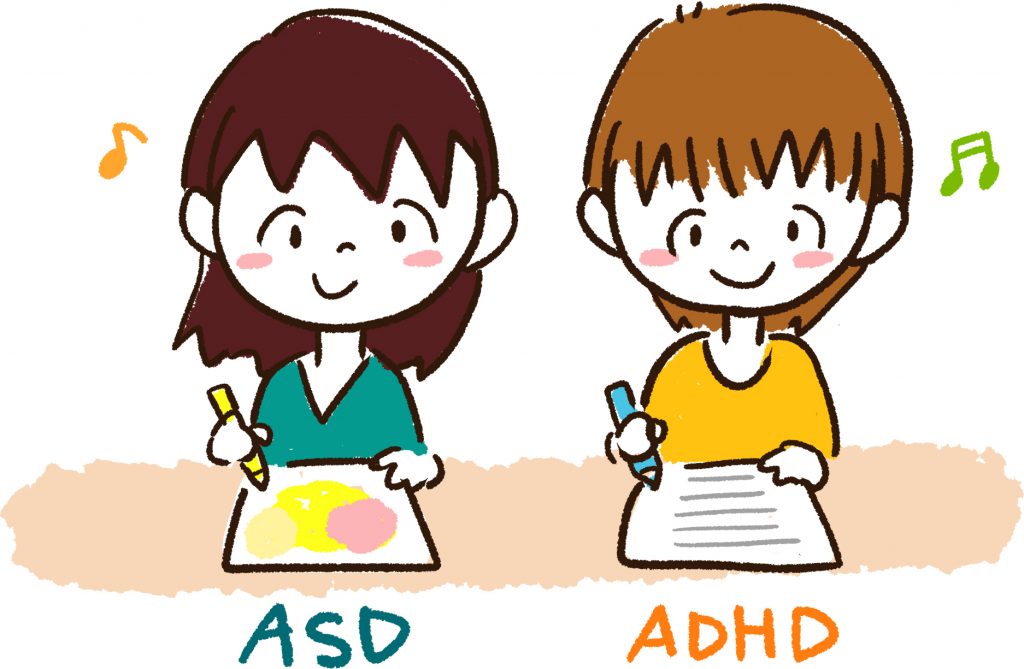 ASDの子供とADHDの子供がそれぞれ絵を描いたり文字を書いたりしているイラスト。