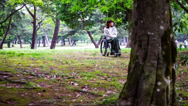 緑豊かな公園で車いすに座る女性。彼女は遠くを見つめ、周囲には木々が広がっている。生活、仕事、ファッション、恋愛に関する女性障害者の困りごとを示す場面。