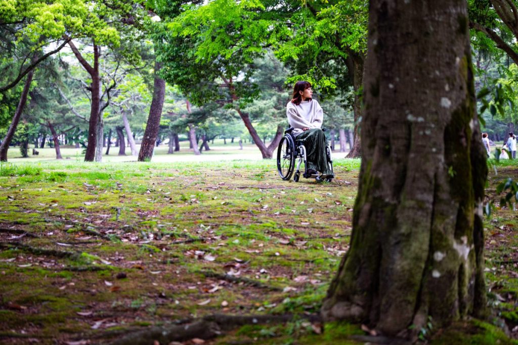 緑豊かな公園で車いすに座る女性。彼女は遠くを見つめ、周囲には木々が広がっている。生活、仕事、ファッション、恋愛に関する女性障害者の困りごとを示す場面。