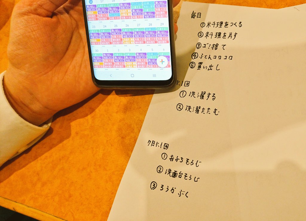 毎日のタスクとスケジュールをスマートフォンと紙に書き出している様子の写真。