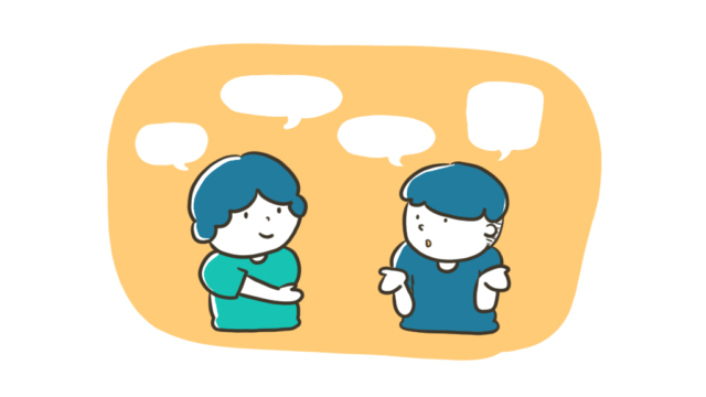 二人のキャラクターが会話しているイラスト。発達障害を持つ人が雑談に苦手意識を持つ様子を示している。背景は黄色。
