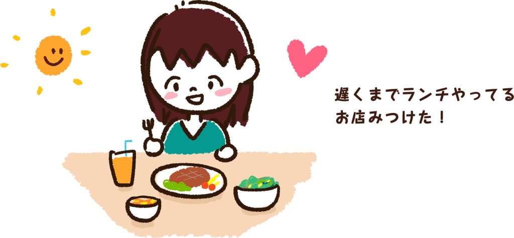 遅くまでランチを提供しているお店を見つけた喜んでいる女性のイラスト。