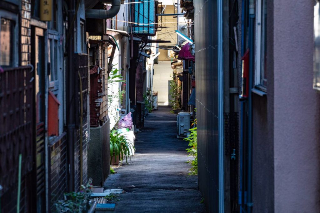 日本の狭い路地の風景。古い建物が並び、植木が置かれている。