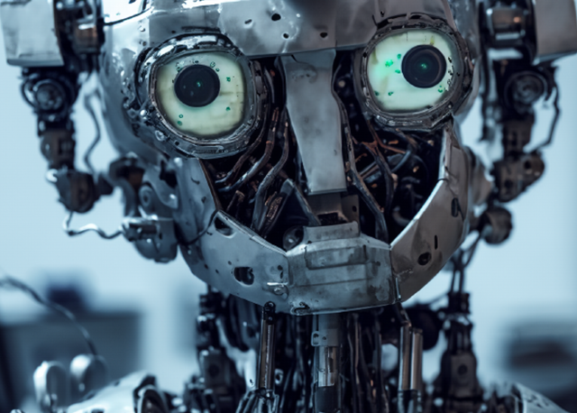 緑色の目を持つ金属製のロボットのクローズアップ。ブログ「精神科病棟はロボットの修理工場ではない」に関連する画像。