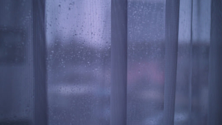 雨が降る窓の外が見えるカーテン越しの風景。静かな雰囲気で「私とてんかん」に関する記事に関連している。