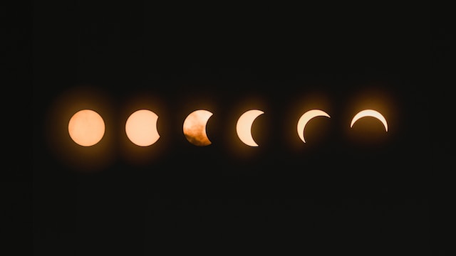 太陽の食の各段階を示す連続写真。完全な太陽から部分的に隠れた太陽、そして再び新月に近い状態になるまでの過程が暗い背景に対して描かれている。