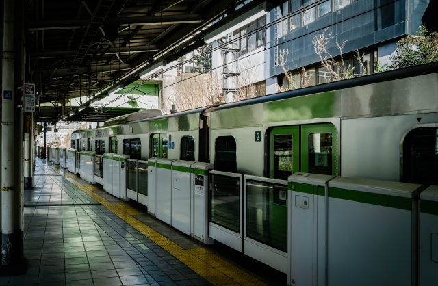 東京の駅のプラットフォームに停車している緑色の電車