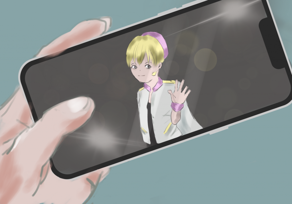 スマホの画面に映る仮想アイドルのイラスト