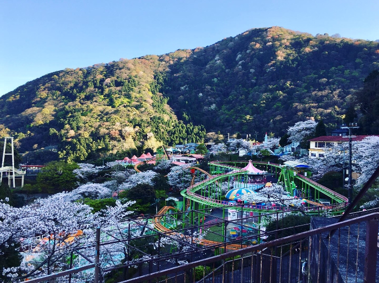 遠くから撮った遊園地と山のイメージ