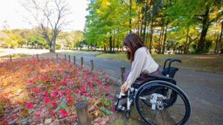 豆塚さんが車椅子から赤い花を見ている様子