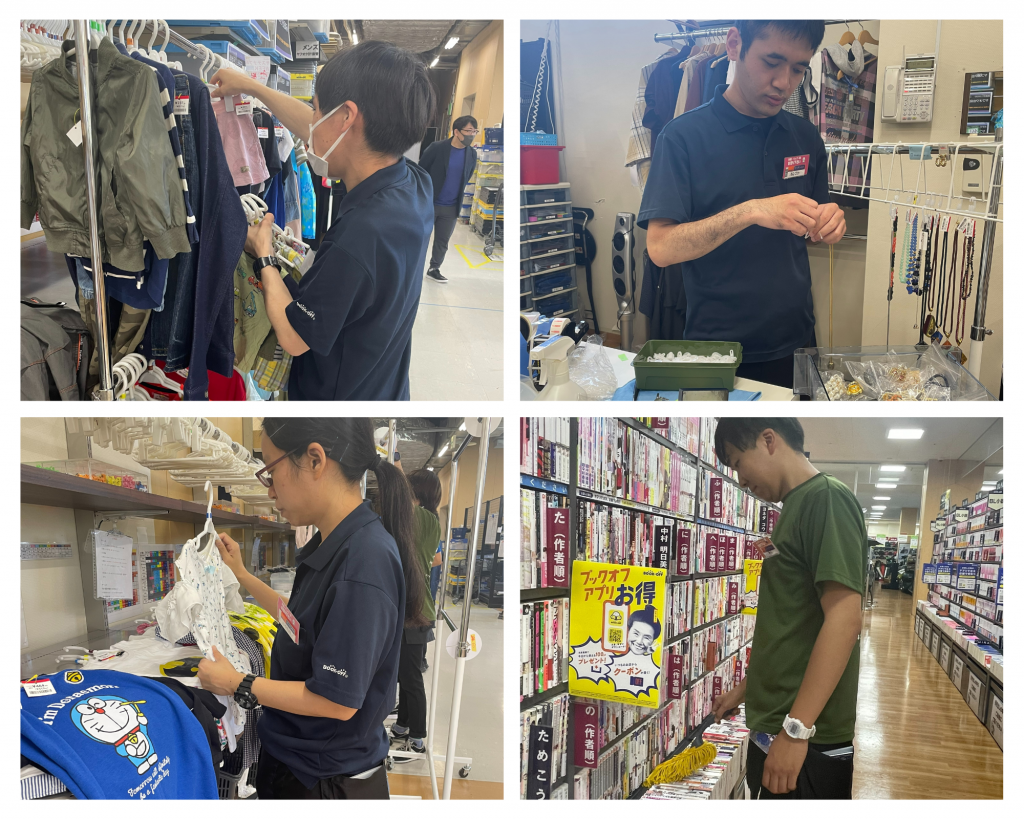 BOOKOFF SUPER BAZAARの店舗でビーアシスト株式会社の社員が衣類の整理やアクセサリーの準備、書籍の陳列作業をしている様子。