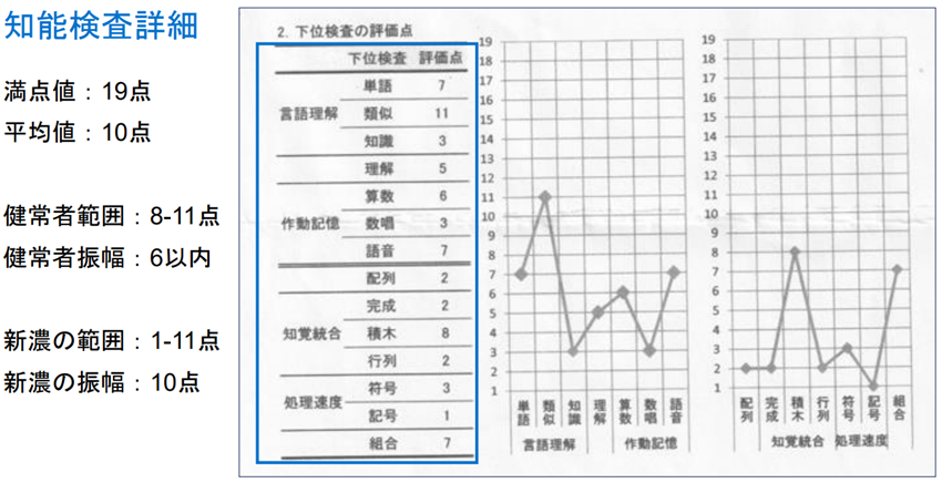 WAIS検査の詳細スコアと評価点のグラフ。下位検査の得点が示されており、満点値、平均値、健常者範囲、新濃の範囲の基準が説明されています。