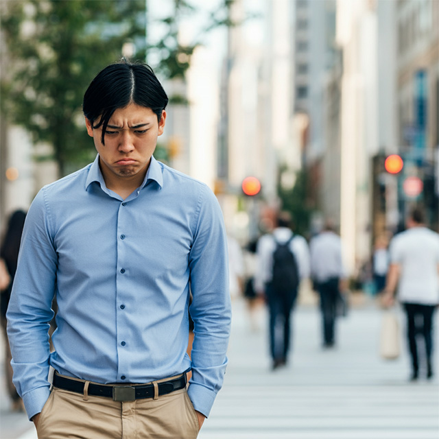 都会の交差点を俯きながら歩く青いシャツの男性、憂鬱そうな表情。